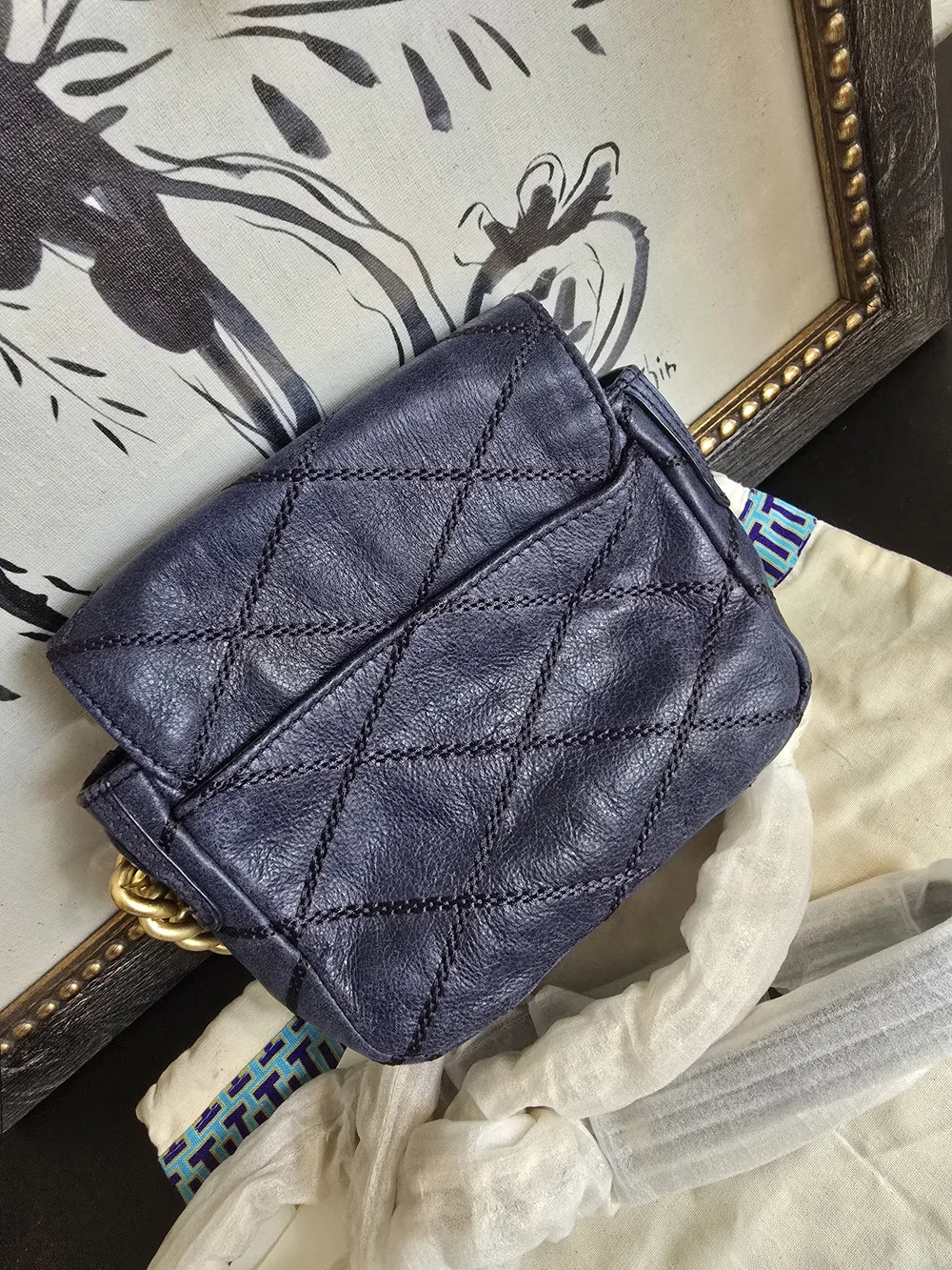 Tory Burch Navy Quilted Lysa Mini Crossbody Bag Gold Chain Strap Turn Lock NWT